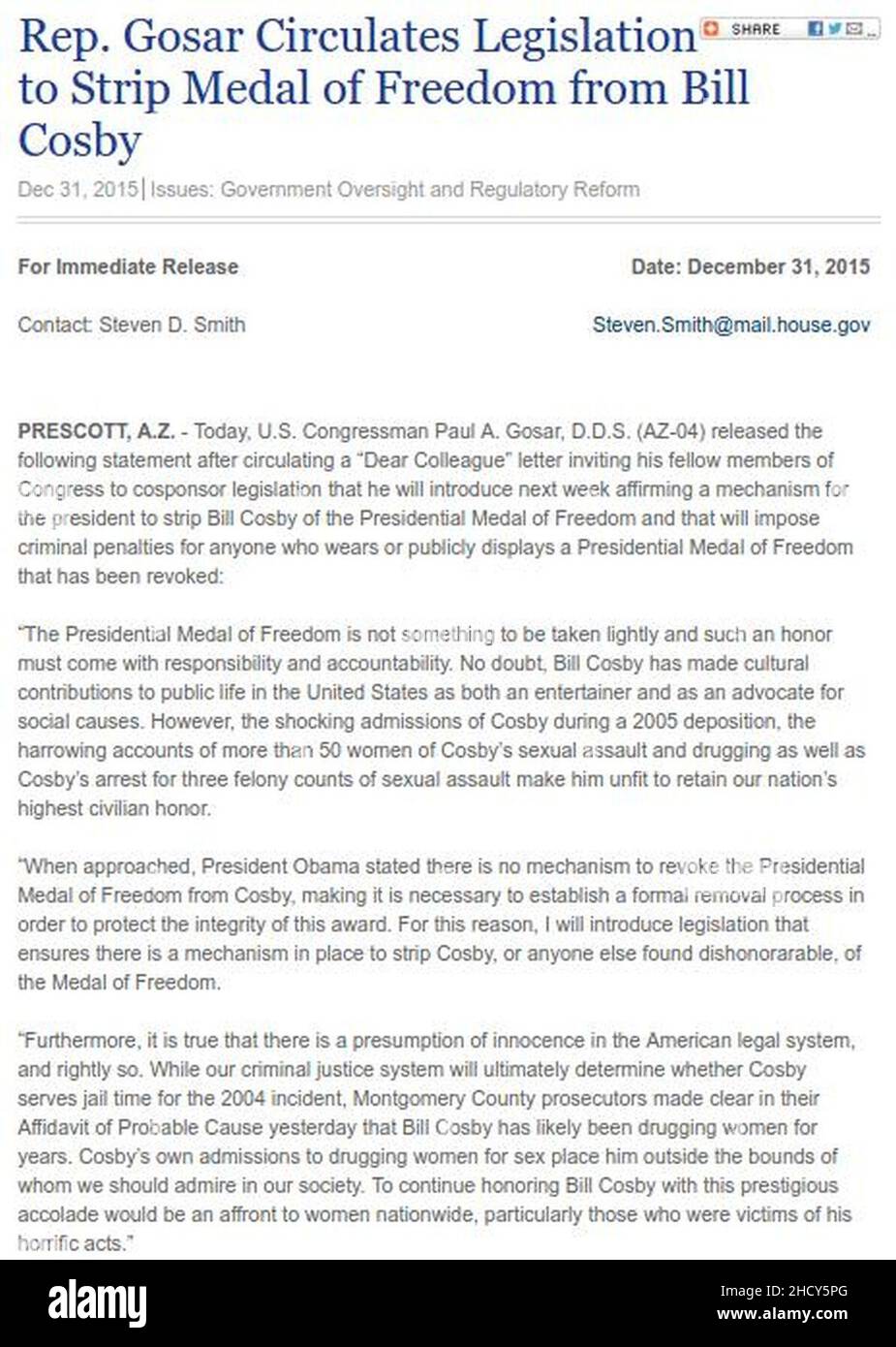 REP Gosar diffonde la legislazione per rimuovere la medaglia della libertà da Bill Cosby. Foto Stock