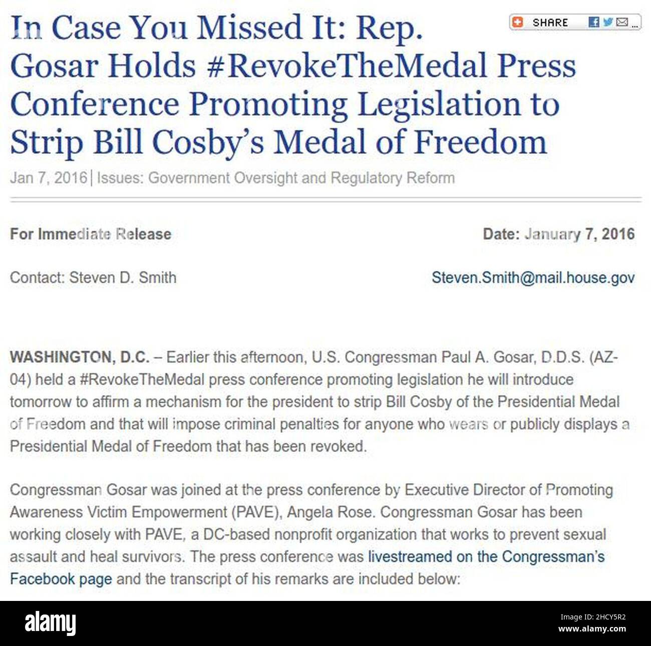 REP Gosar tiene la conferenza stampa di RevokeTheMedal che promuove la legislazione per rimuovere la medaglia di libertà di Bill Cosby. Foto Stock