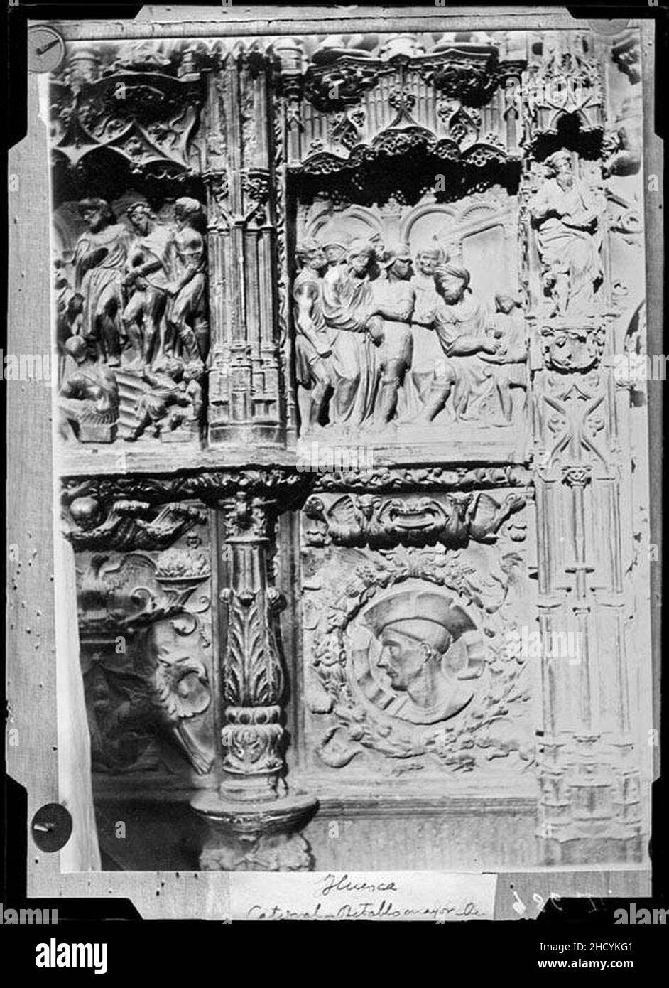 Retaule amb el busto de Damià Forment de la Catedral d'Osca. Foto Stock