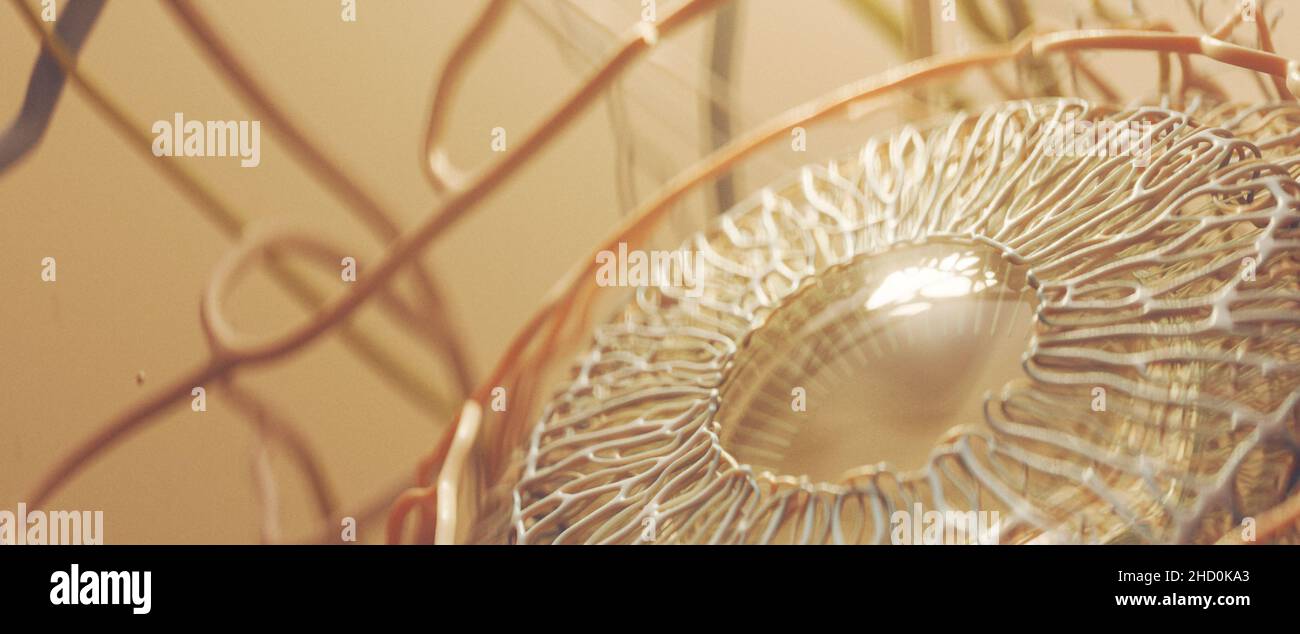 Primo piano di 3D rendering dell'anatomia umana dell'occhio in oro con accenti di illuminazione Foto Stock