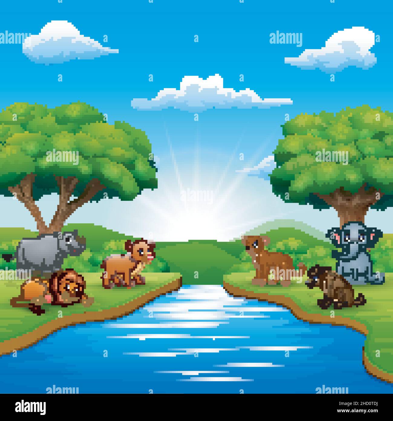 Gli animali selvatici si godono la natura vicino al fiume Illustrazione Vettoriale