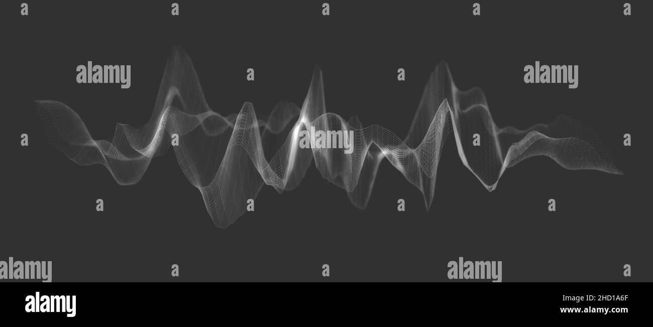 Forma d'onda a reticolo bianca astratta o struttura poligonale su sfondo scuro, visualizzazione delle onde sonore, concetto acustico Foto Stock