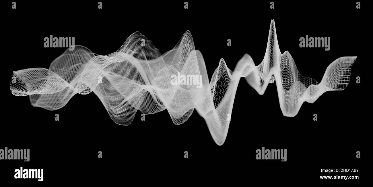 Forma d'onda a reticolo bianca astratta o struttura poligonale su sfondo nero, visualizzazione delle onde sonore, concetto acustico Foto Stock