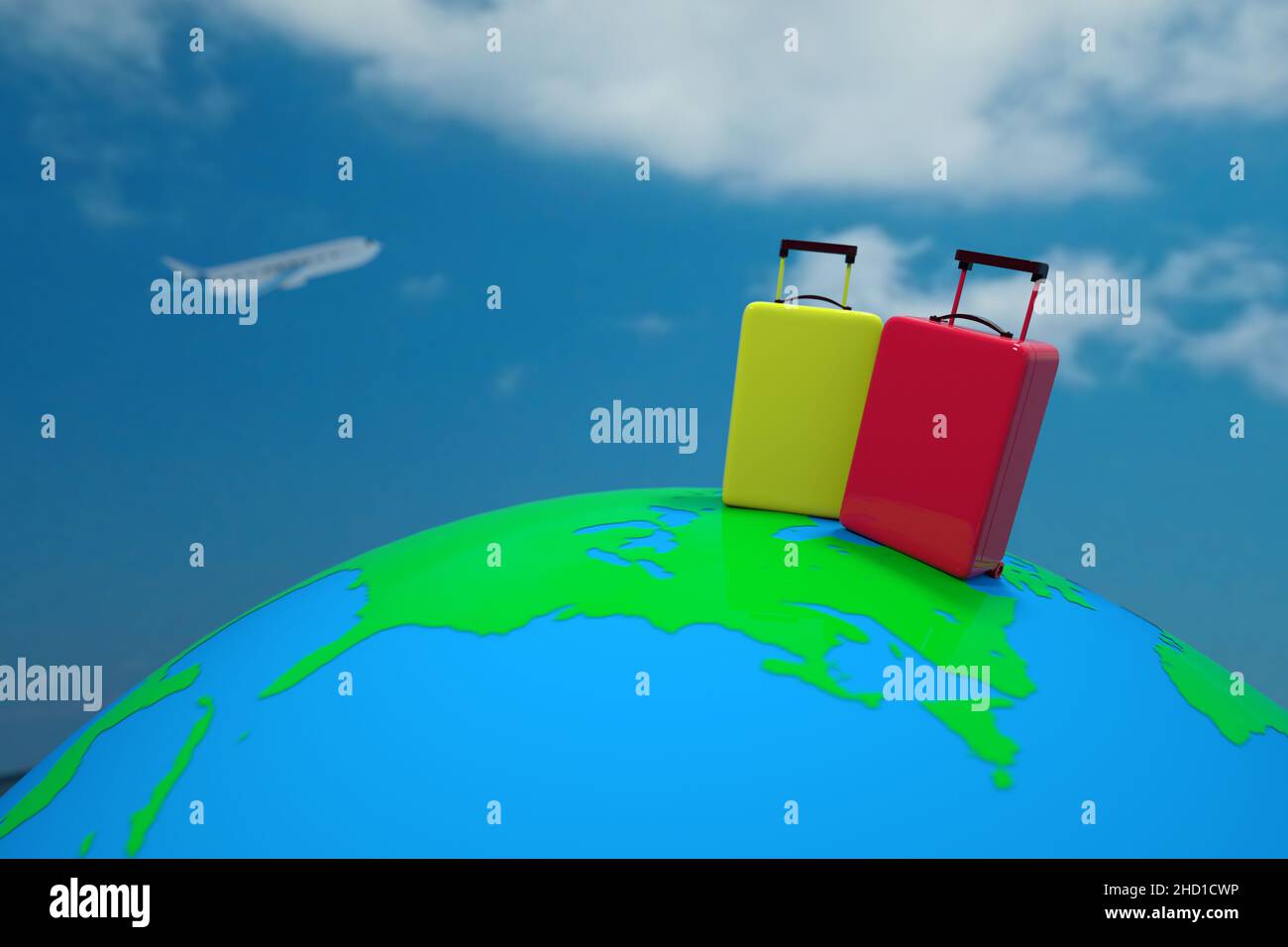 3D illustrazione di 2 valigie sul globo. Concetto di viaggio Foto Stock