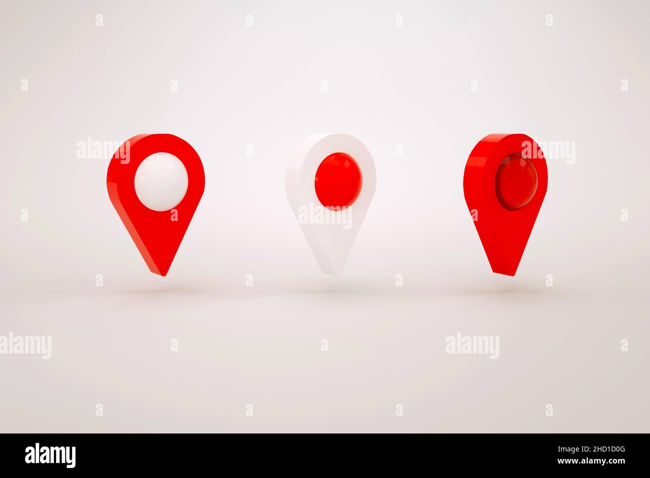 3D illustrazione di tre diverse icone di geolocalizzazione. Puntatori di mappa realistici. Foto Stock