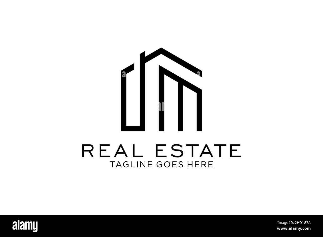 Letter M edificio semplice e moderno, design con logo e grattacielo line art Illustrazione Vettoriale