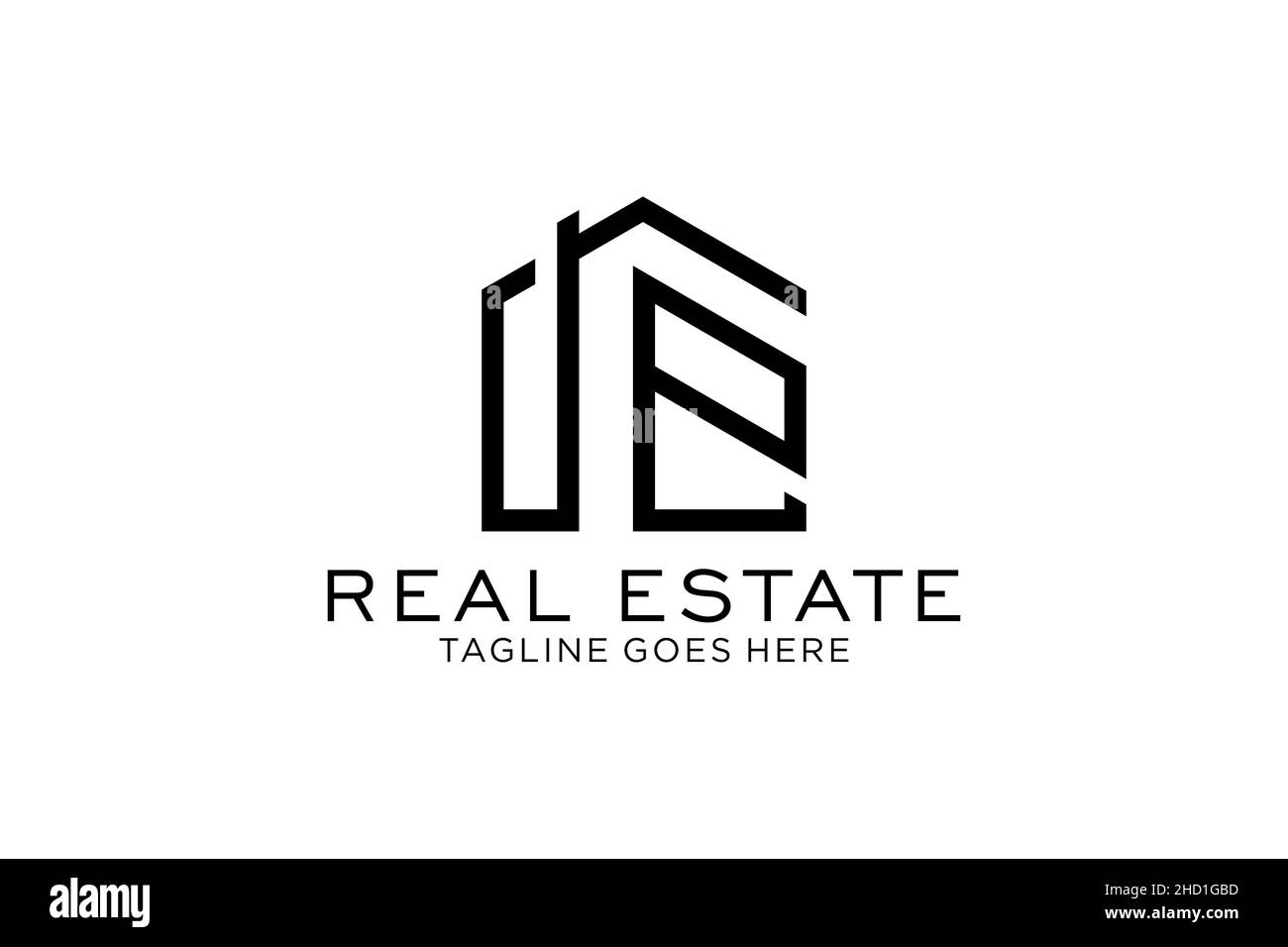 Lettera e edificio semplice e moderno, design con logo e grattacielo line art Illustrazione Vettoriale