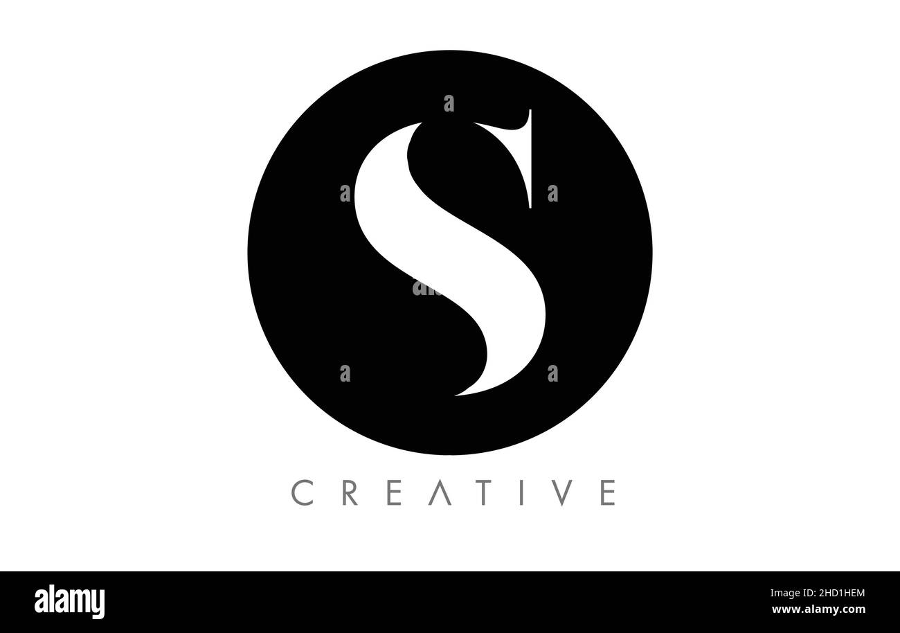 S Logo Serif Letter con design minimalista e icona vettoriale in bianco e nero. Illustrazione della lettera del logo Creative S. Illustrazione Vettoriale