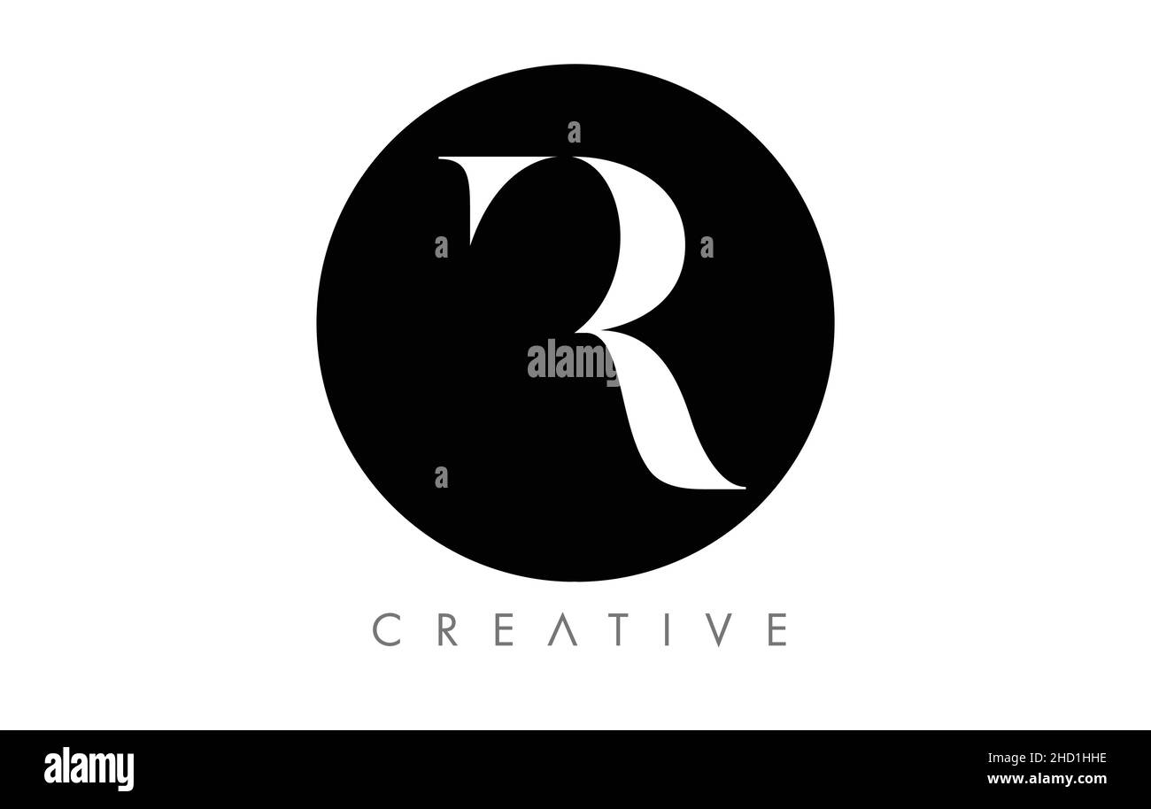 Logo R Serif Letter con design minimalista e icona vettoriale in bianco e nero. Illustrazione della lettera Creative R Logo. Illustrazione Vettoriale