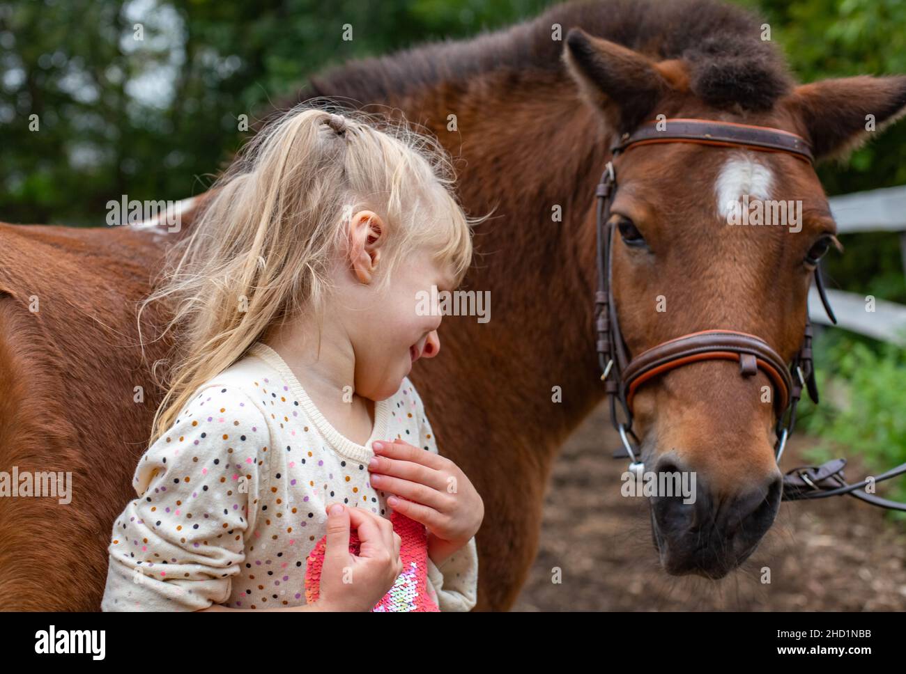 piccola ragazza ridere con cavallo pony in club equestre Foto Stock