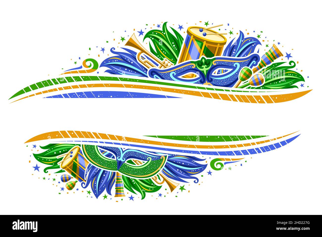 Confine vettoriale per il Carnevale del Brasile con spazio copia, invito orizzontale con illustrazione di simboli carnevale, strumenti musicali, blu e verde de Illustrazione Vettoriale