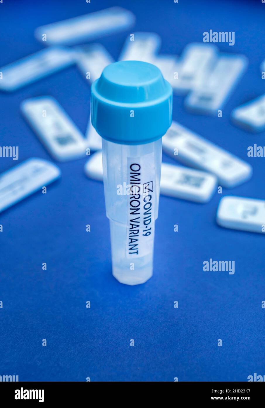 Omicron COVID-19 Variant Test Tube e coronavirus Covid-19 Rapid Antigen Self-Testing . Foto Stock