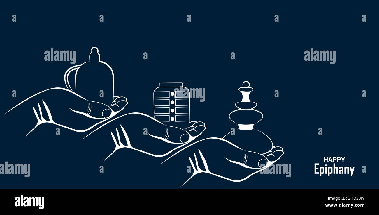 Illustrazione vettoriale di Epifania, un festival cristiano. Mani astratte di 3 re con doni. La Festa dell'Epifania. L'Epifania. Illustrazione Vettoriale