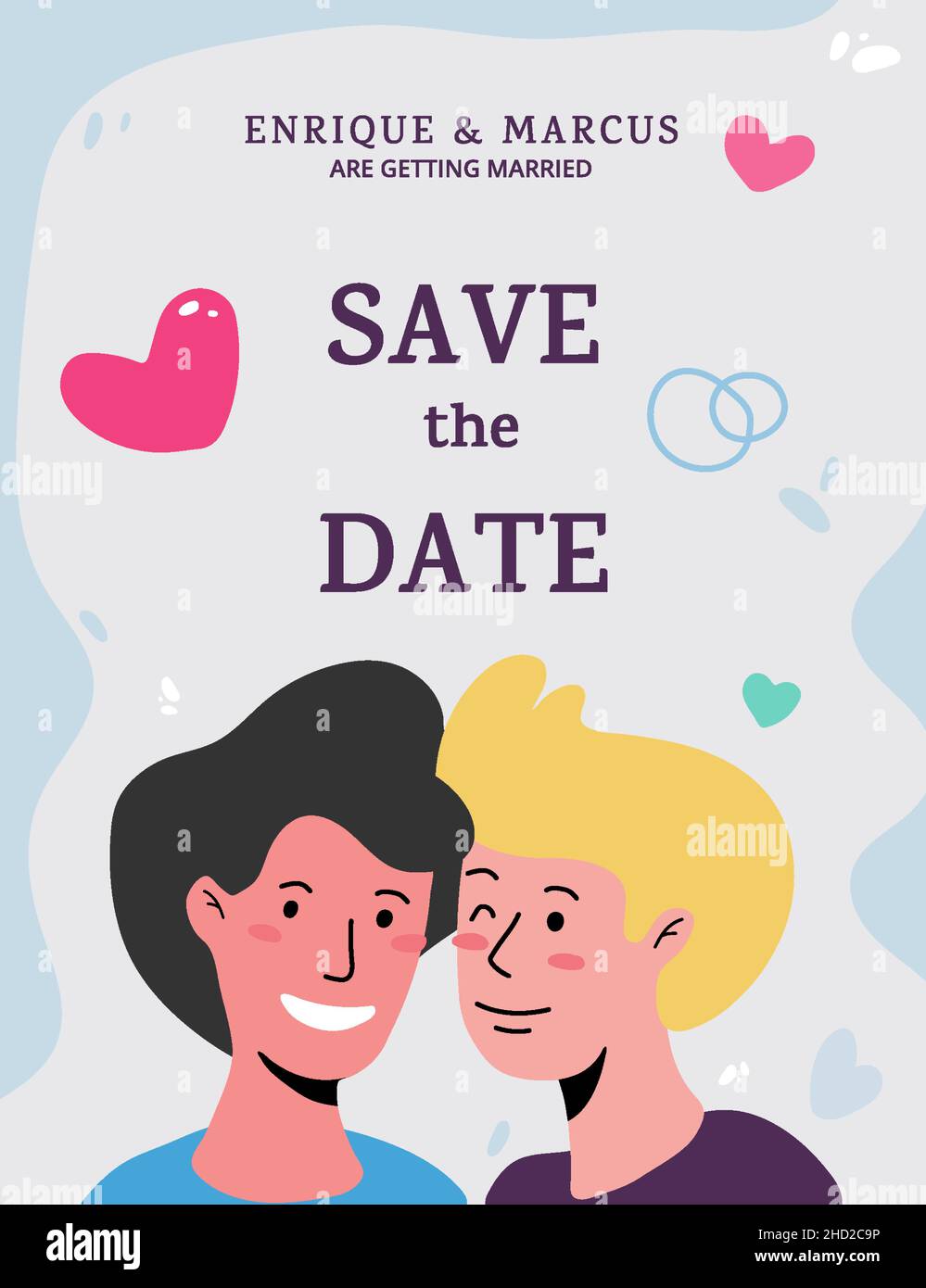 Salvare il datate.Template per l'invito al matrimonio gay.illustrazione piatta del vettore Illustrazione Vettoriale