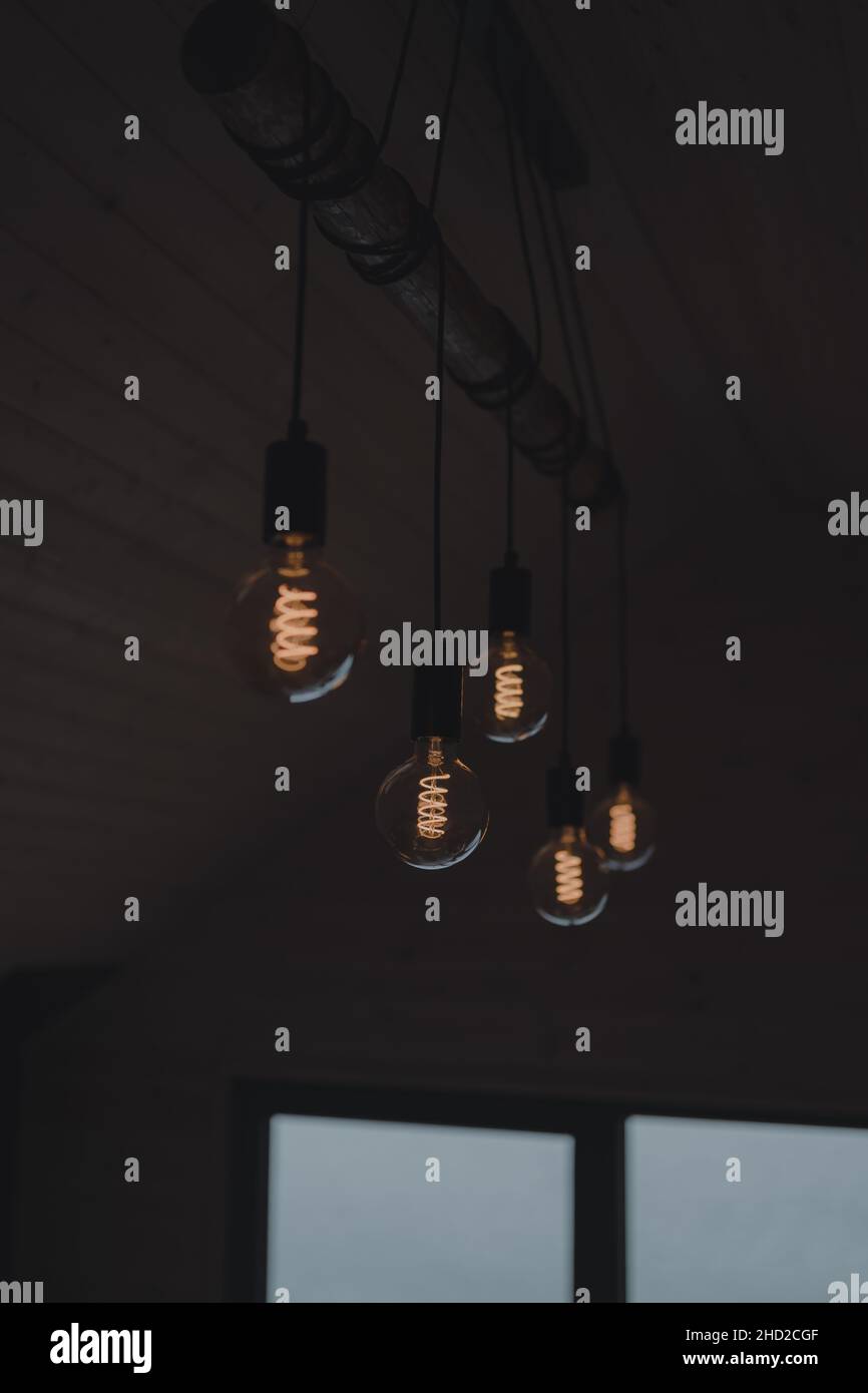 Foto verticale di lampadine d'epoca con luce soffusa Foto Stock