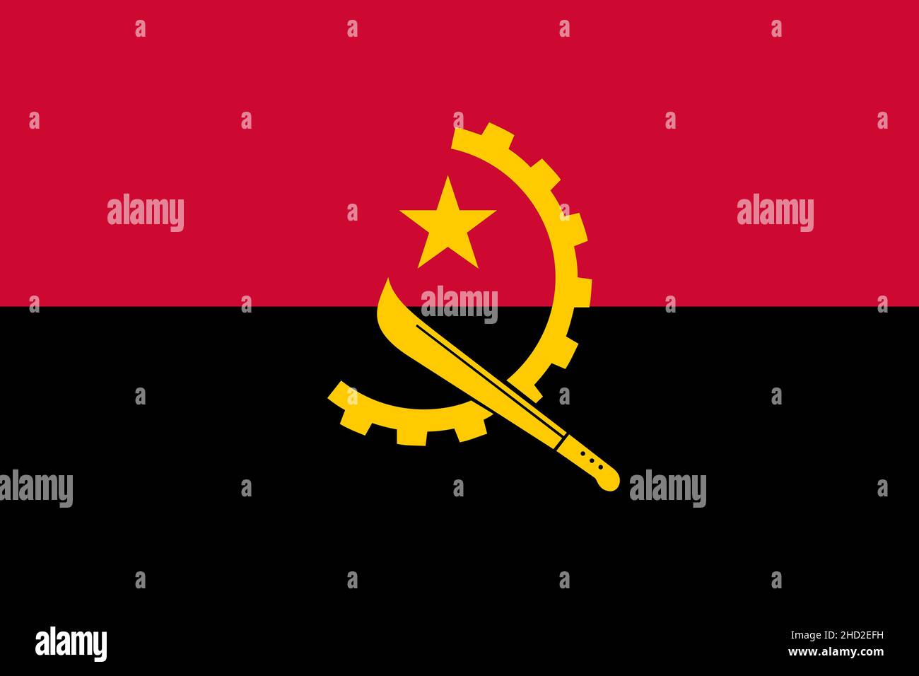 Angolan National Flag Vektor Illustrazione come EPS. È diviso orizzontalmente in una metà superiore rossa e una metà inferiore nera con un emblema che poggia sul Foto Stock