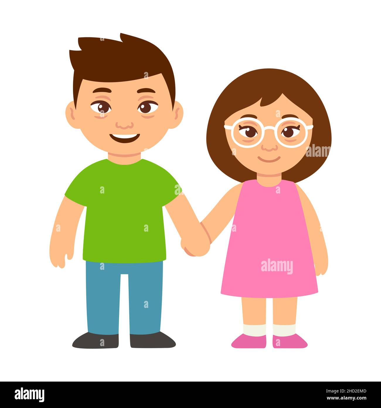 Bambini carini con cartone animato con la sindrome di Down che tiene le mani. Illustrazione vettoriale di ragazzino e ragazza. Illustrazione Vettoriale