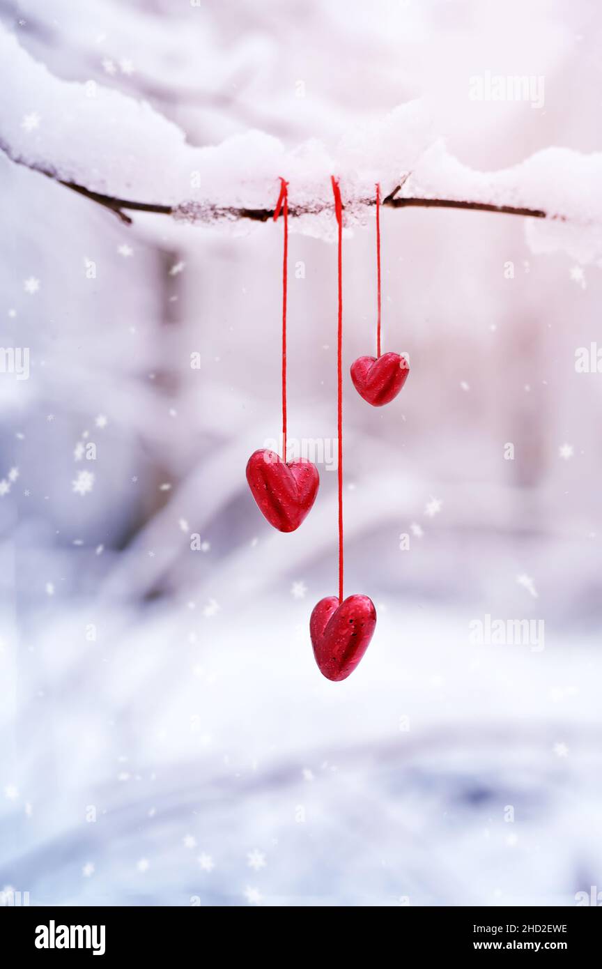 Cuori rossi su terreni innevati ramo di albero in inverno. Vacanze a. Happy Valentines Day celebrazione. Cuore amore concetto. Foto Stock