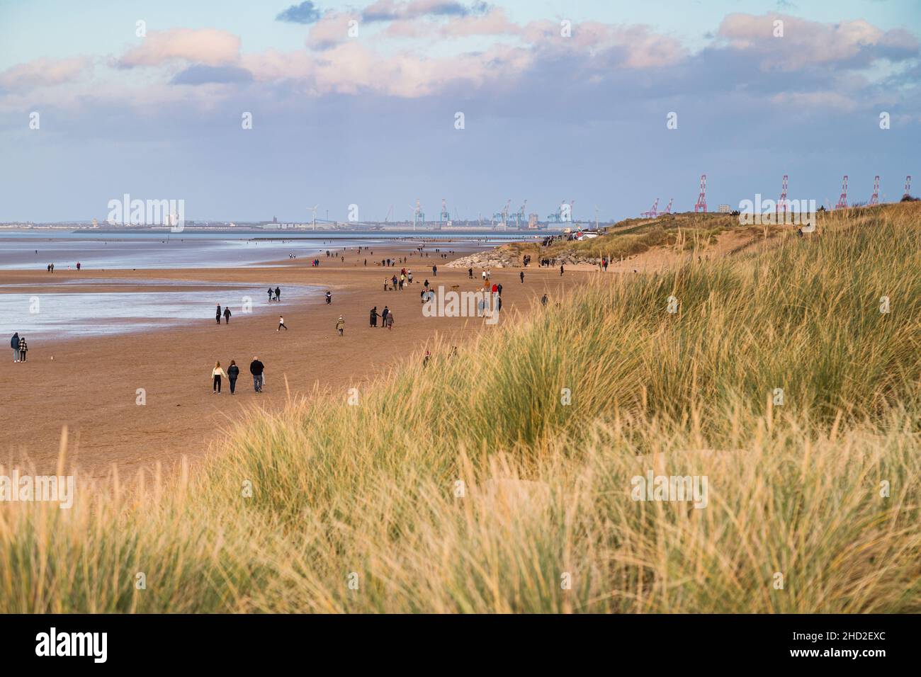 Camminatori sulla spiaggia di Leasowe visto sopra le dune di sabbia e l'erba di duna sulla costa di Wirral pictured il 1 gennaio 2022. Foto Stock