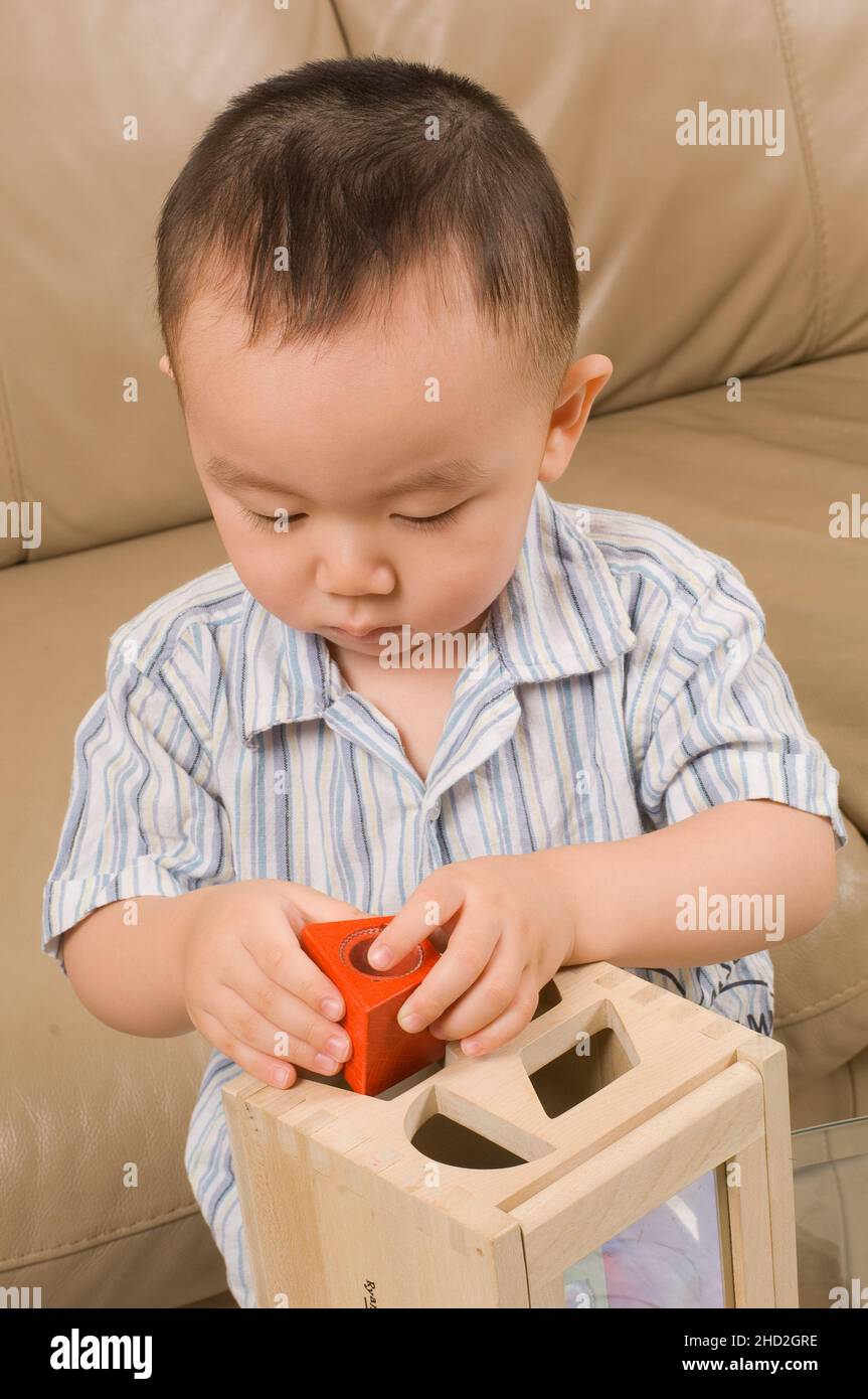 Famiglia vietnamita americana a casa, ragazzo del toddler che gioca con il selezionatore geometrico di forma, usando entrambe le mani per adattare la figura alla presa Foto Stock