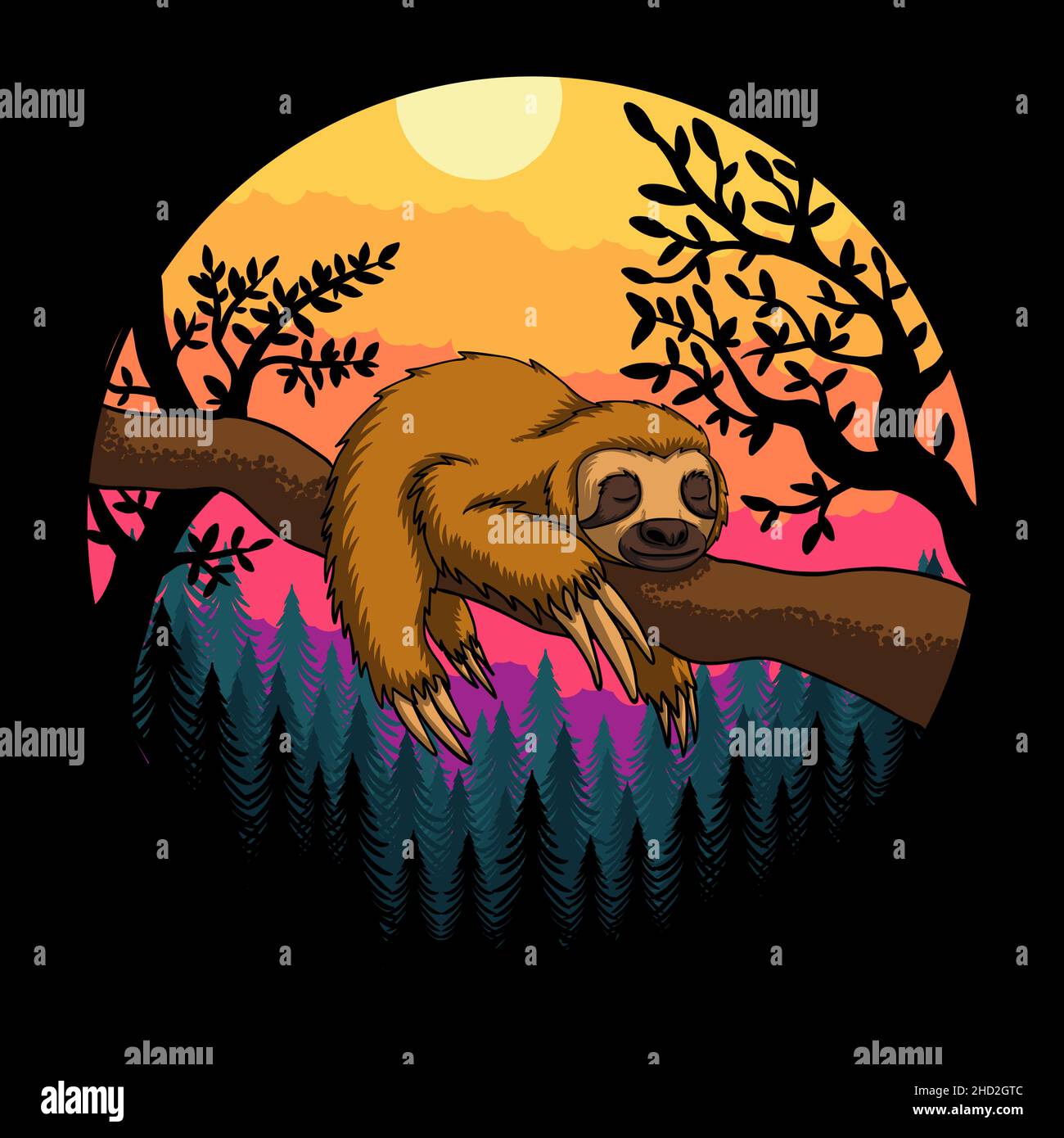 Sloth sonno tramonto retro illustrazione vettoriale Illustrazione Vettoriale