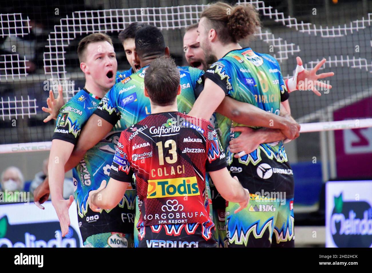 Trento, Italia. 02nd Jan 2022. Sir Safety Conad Perugia durante ITAS Trentino vs Sir Safety Conad Perugia, Volley Campionato Italiano Serie A Men Superleague a Trento, Italia, Gennaio 02 2022 Credit: Independent Photo Agency/Alamy Live News Foto Stock