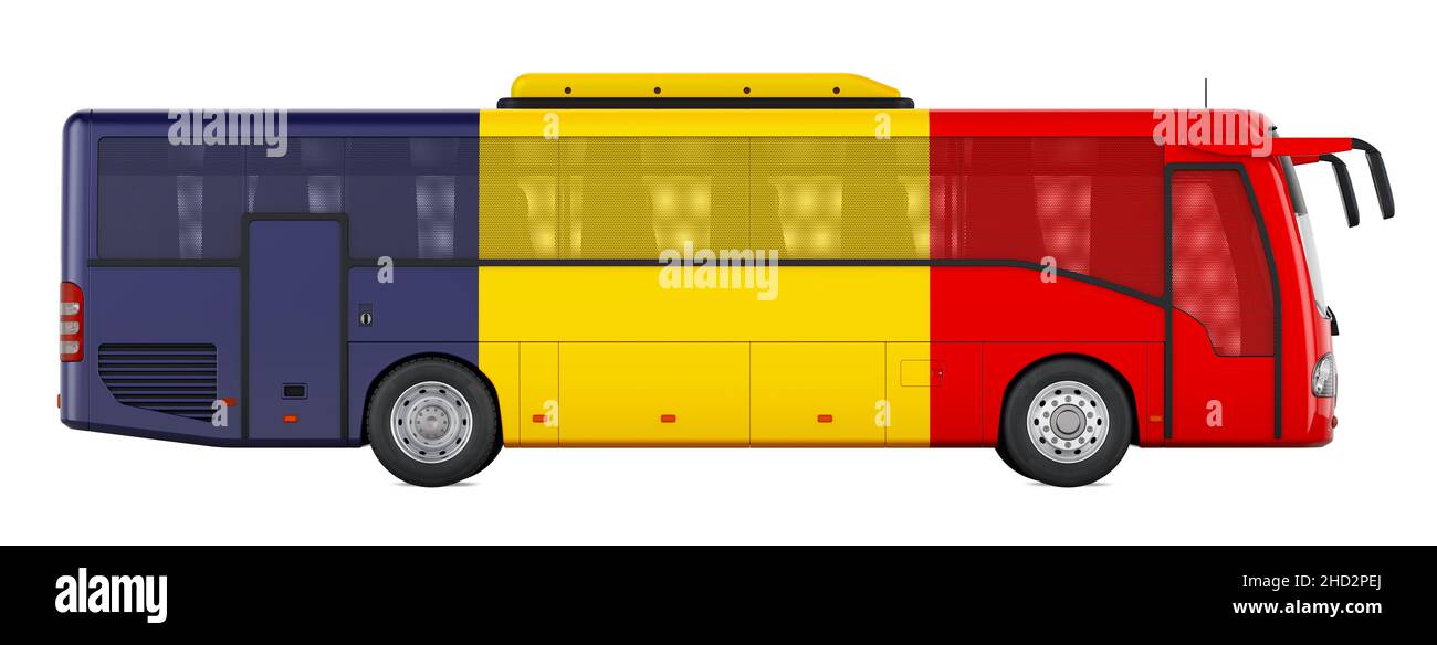 Viaggio in autobus in Romania, tour in autobus rumeno, concetto. 3D rendering isolato su sfondo bianco Foto Stock