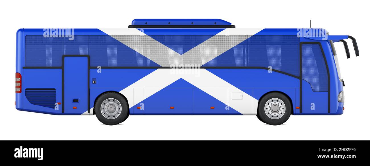 Viaggio in autobus in Scozia, tour in autobus scozzesi, concetto. 3D rendering isolato su sfondo bianco Foto Stock