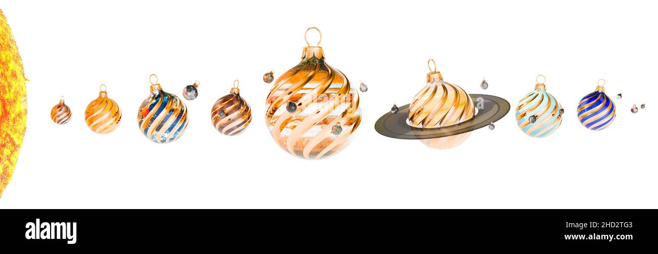 Natale baubles come Sole e pianeti del sistema solare, 3D rendendo isolato su sfondo bianco Foto Stock
