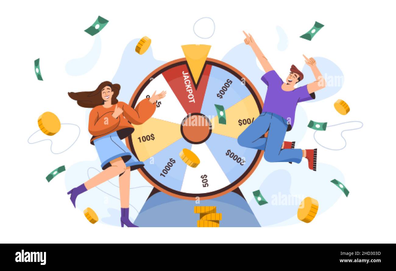 La gente fortunata piatta vicino alla ruota della fortuna vince i soldi. I milionari felici hanno colpito il jackpot al casinò. Premio in denaro nel gioco d'azzardo del caso. Personaggi vincitori con roulette rotante o cerchio rotante. Illustrazione Vettoriale