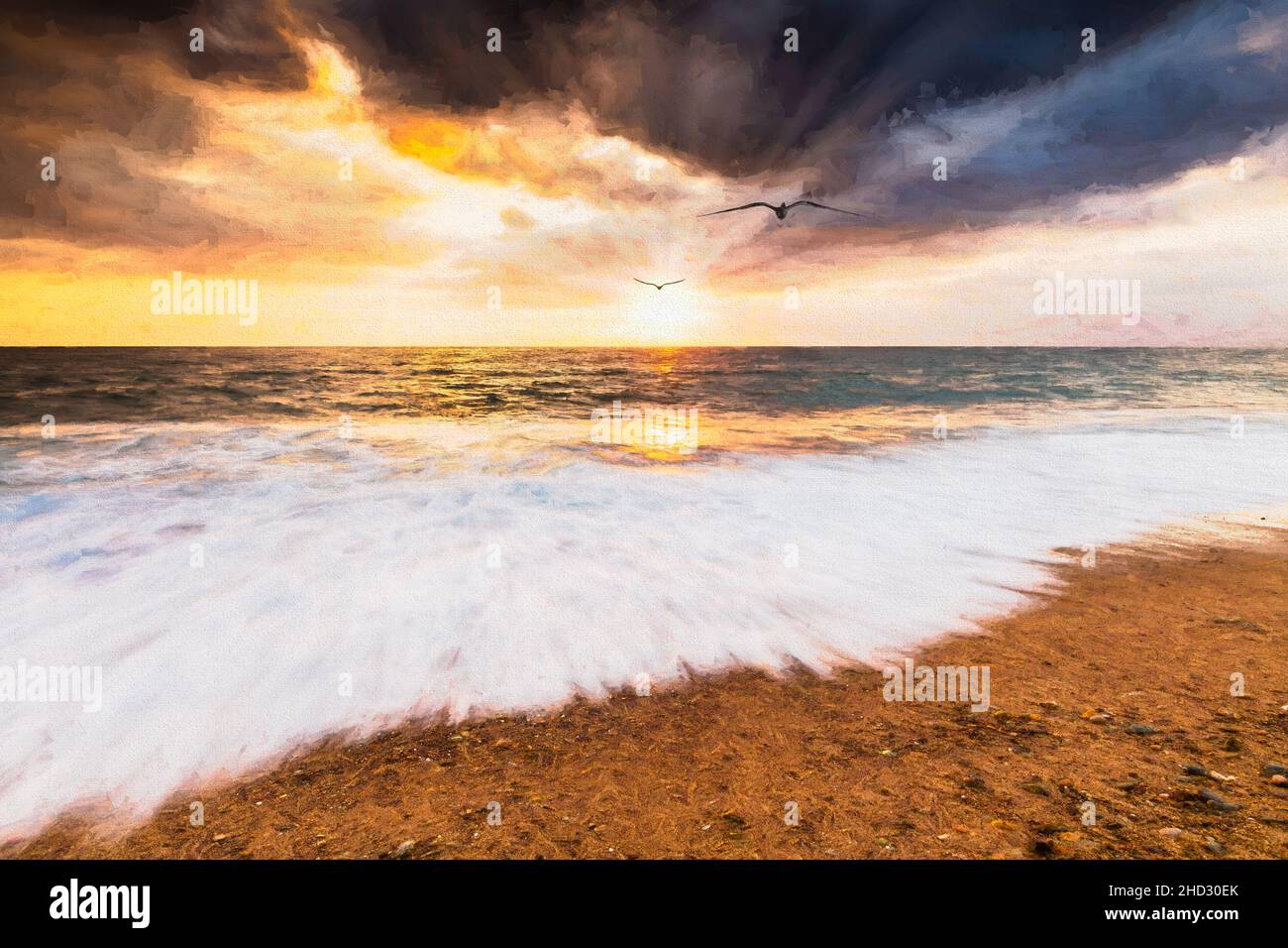 Due silhouette di uccello stanno volando nel cielo di tramonto dell'oceano Con i raggi del sole che emanano in UN'immagine di stile di pittura Foto Stock