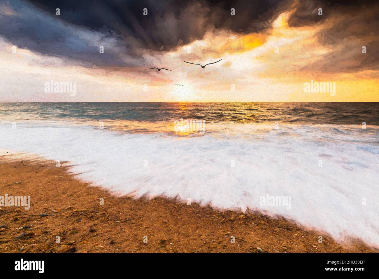 Tre silhouette di uccelli stanno volando nel cielo di tramonto dell'oceano Con i raggi del sole che emanano in UN'immagine di stile di pittura Foto Stock