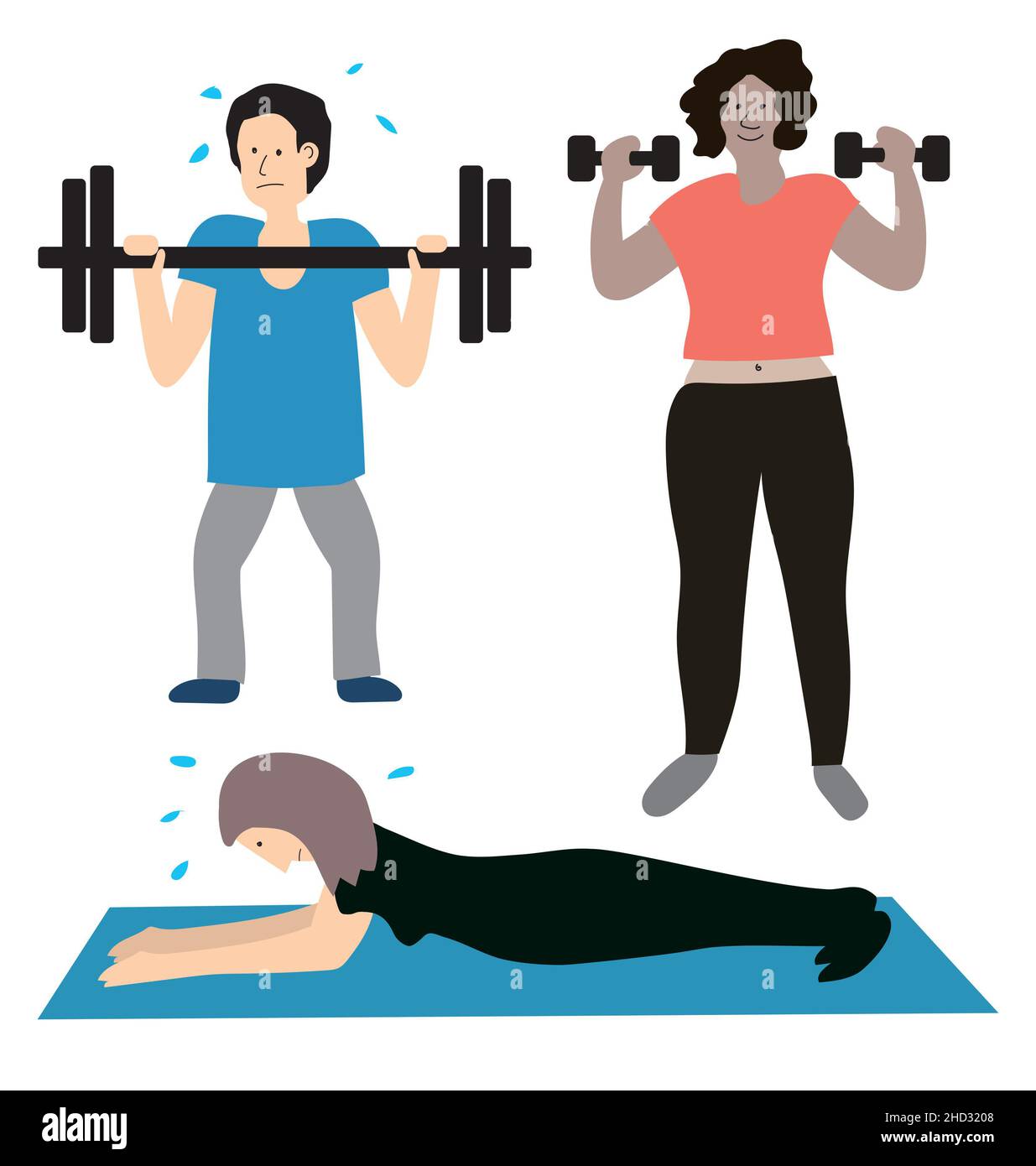 Tre fumettisti di etnia mista che praticano sport di allenamento. Un uomo e due donne praticano il sollevamento pesi, manubri e asse. Vettore illus Foto Stock