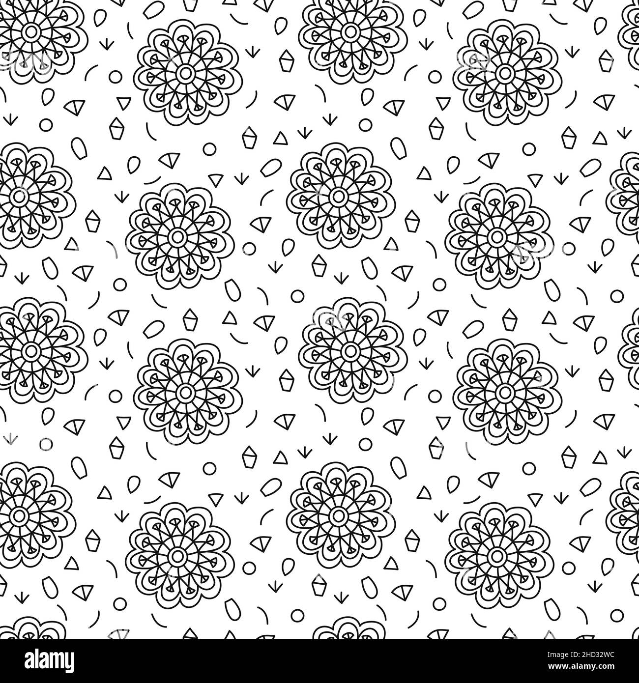 Disegno astratto a mano motivo di fiori geometrici, bianco e nero texture senza cuciture Illustrazione Vettoriale