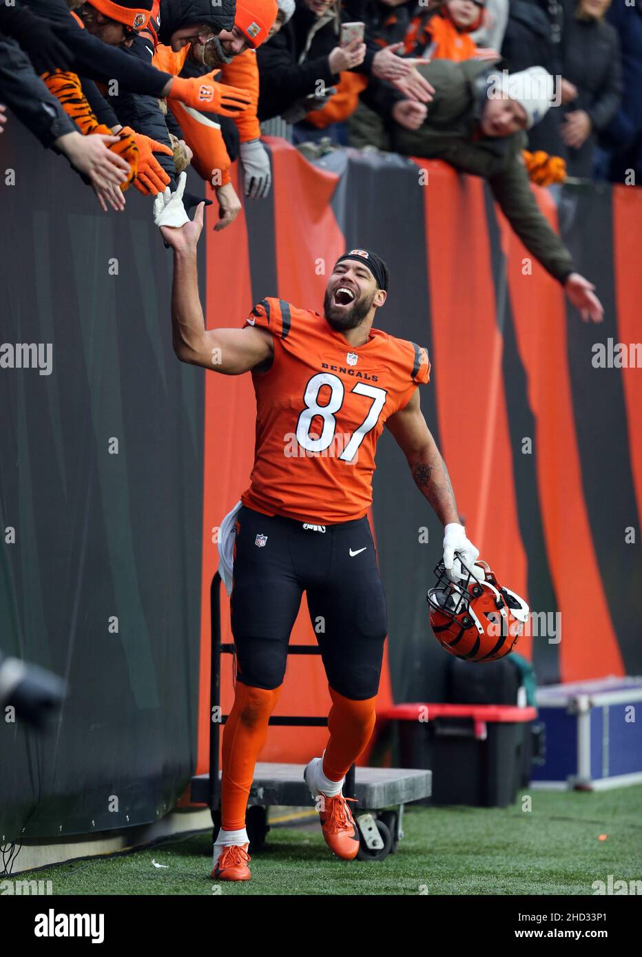 Cincinnati, Stati Uniti. 02nd Jan 2022. Cincinnati Bengals C.J. Uzomah (87) festeggia dopo aver sconfitto i Kansas City Chiefs e aver vinto l'AFC North Division Championship al Paul Brown Stadium di Cincinnati, Ohio, domenica 2 gennaio 2022. Foto di John Sommers II /UPI Credit: UPI/Alamy Live News Foto Stock