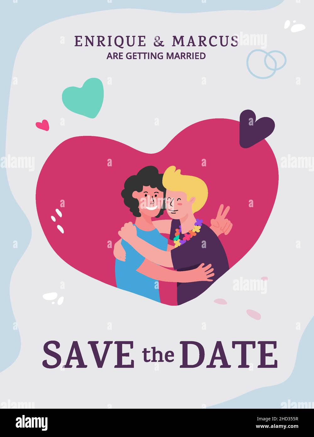 Salvare la data. Modello per invito. Si prega di rsvp. Matrimonio di due uomini. Illustrazione Vettoriale