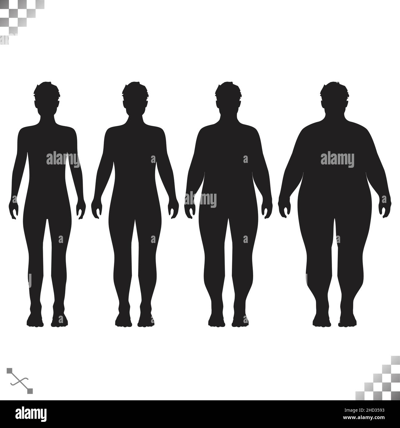 Silhouette di grasso e popoli sottili perdita di peso di sovrappeso uomo o unisex persona e sovrappeso donna non sesso generico silhouette adulti Illustrazione Vettoriale