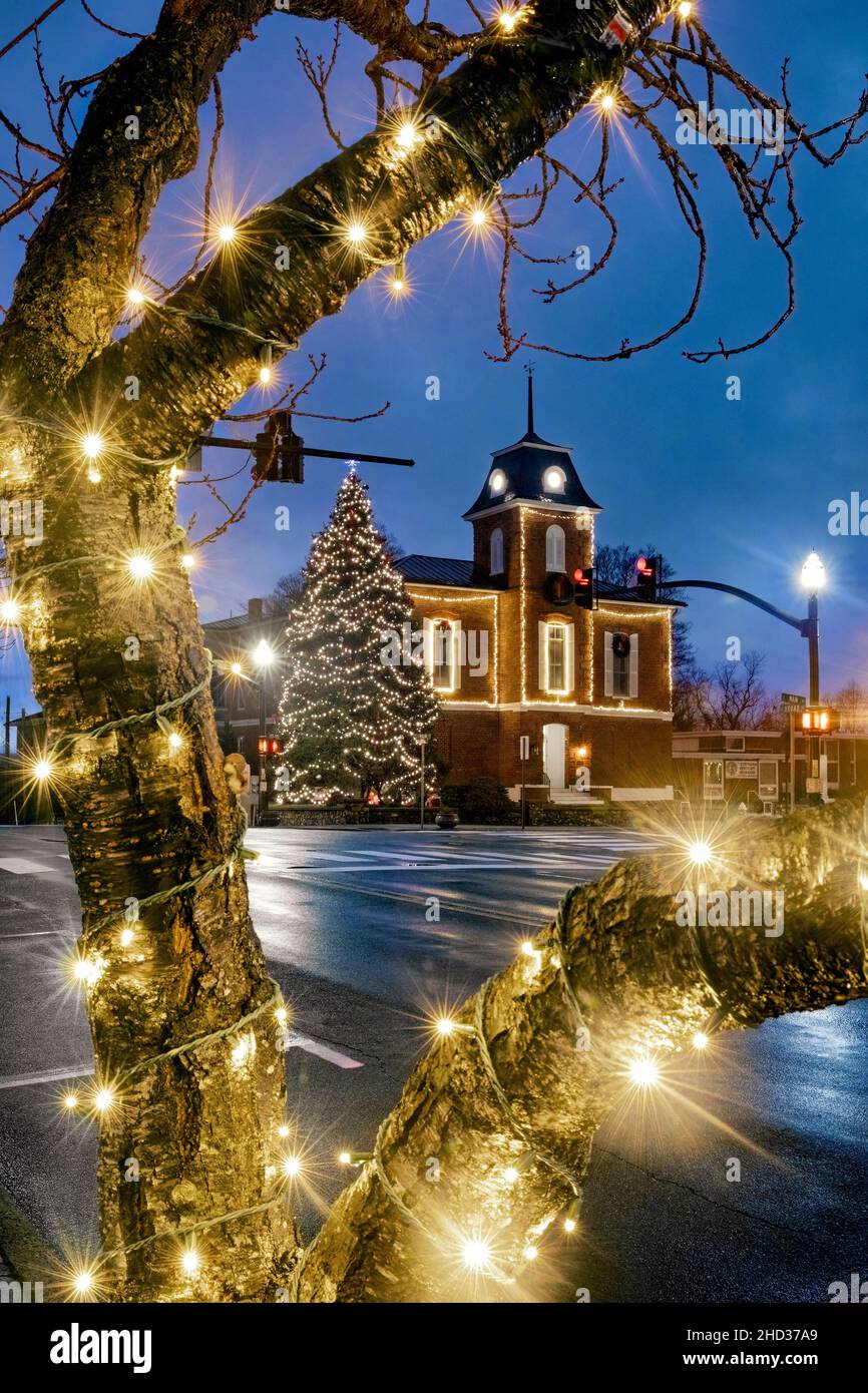 Albero di Natale e luci al Tribunale della Transilvania County - Main Street, Brevard, North Carolina, USA Foto Stock