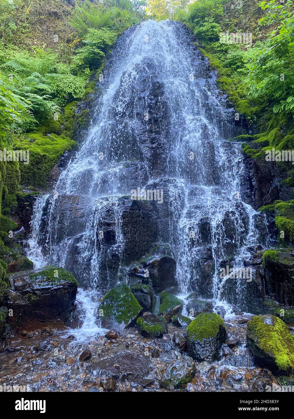 Colpo verticale delle cascate Fairy in Oregon - Columbia River Gorge negli Stati Uniti Foto Stock