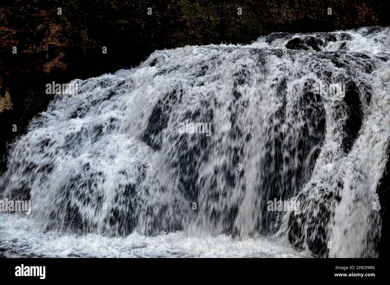 cascata di ruscelli bianchi che scorre in foreste verdi scure a esposizione notturna Foto Stock