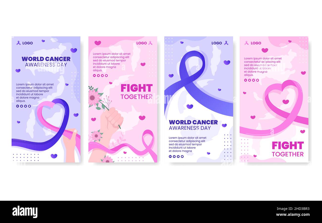 World Cancer Day Stories modello Flat Design cura della salute Illustrazione Editable of Square background for Social media, Greetings Card or Web Ads Illustrazione Vettoriale