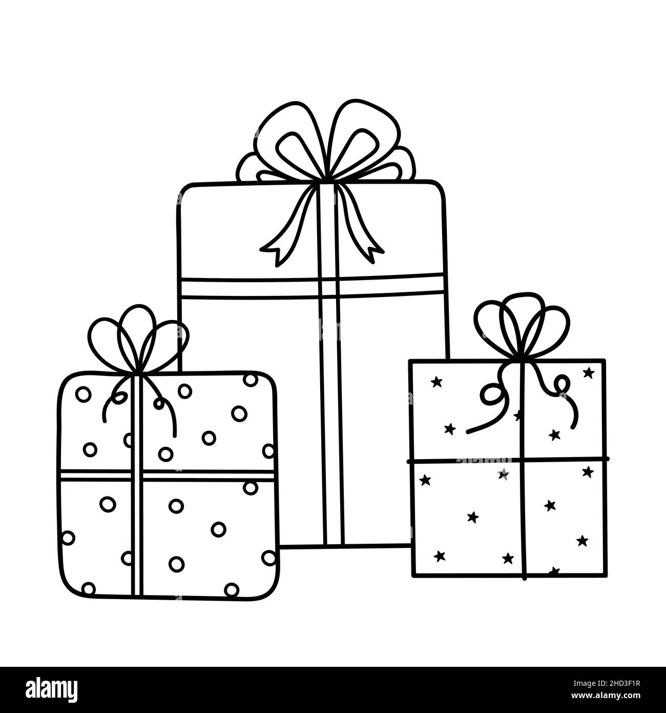 Regali di festa carini con archi isolati su sfondo bianco. Illustrazione vettoriale disegnata a mano in stile doodle. Perfetto per disegni di compleanno e Natale, biglietti, decorazioni, logo Immagine e Vettoriale -