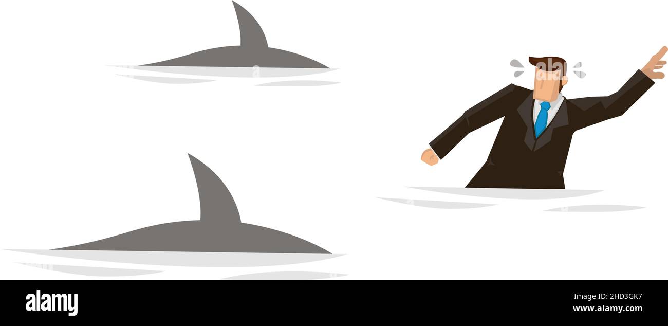 Business nuoto panico evitando gli attacchi di squali. Concetto di rischio aziendale. Concetto aziendale illustrazione vettoriale piatta isolata su sfondo bianco. Illustrazione Vettoriale