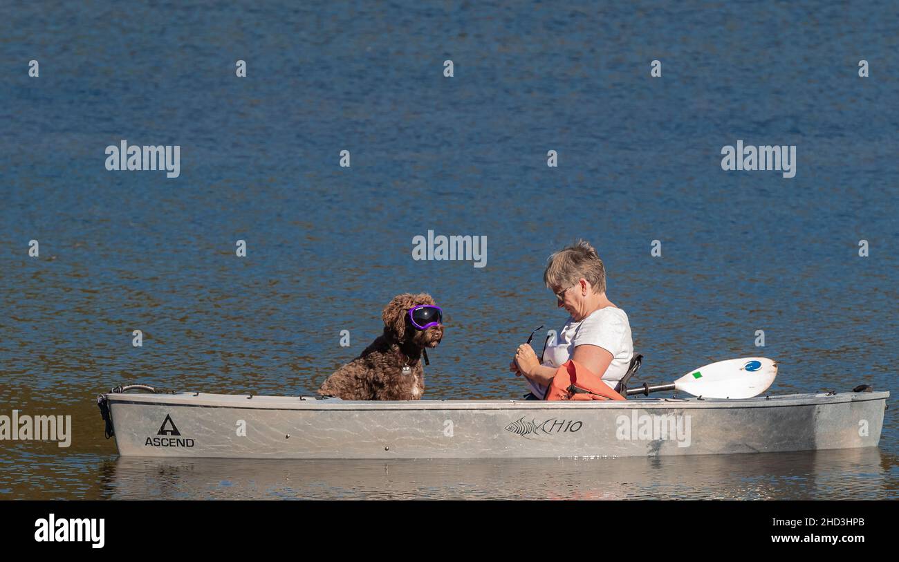 Donne e cane in barca su un lago di montagna. Viaggiare con un animale domestico in Canada. La padrona di casa con il suo cane in una barca riposa in estate. Foto di viaggio, Foto Stock