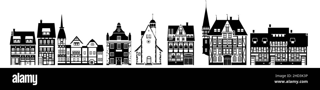Set appartmenst casa vecchi edifici Europa e America. Icona silhouette bianca e nera. Illustrazione vettoriale Illustrazione Vettoriale