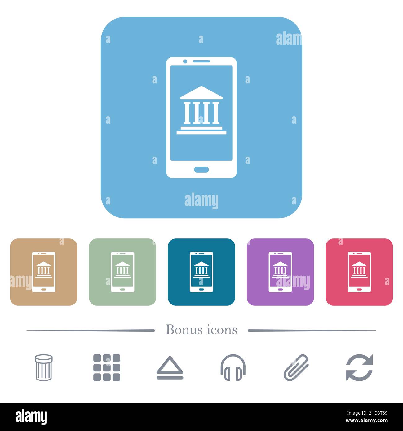 Icone piatte bianche di Mobile banking su sfondi quadrati arrotondati di colore. 6 icone bonus incluse Illustrazione Vettoriale