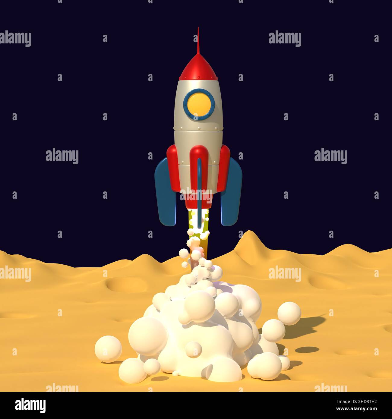 Il razzo si decola con il fumo del getto dalla superficie del pianeta Luna Foto Stock