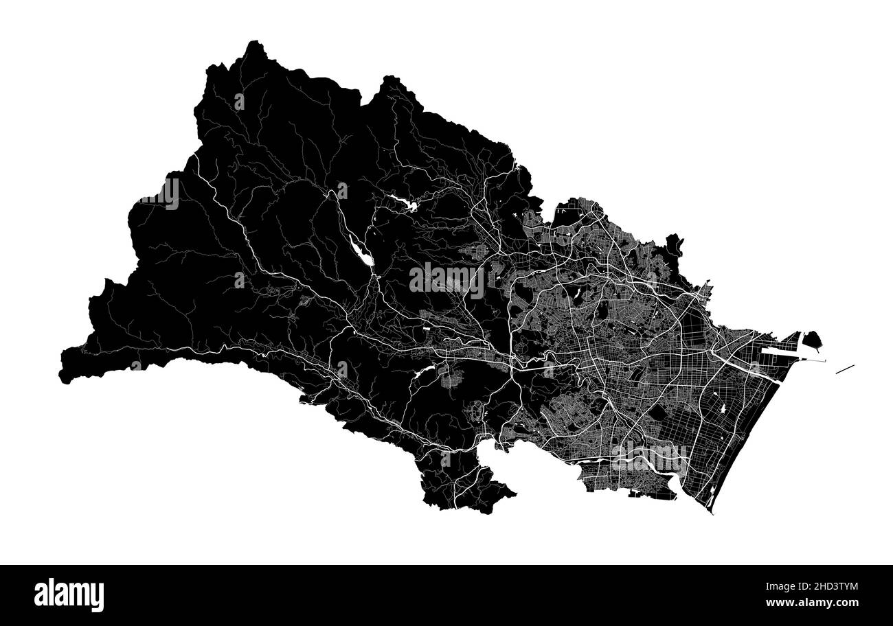 Mappa di Sendai. Mappa vettoriale dettagliata dell'area amministrativa della città di Sendai. Paesaggio urbano poster vista aria metropolitana. Terra nera con strade bianche, strade e. Illustrazione Vettoriale