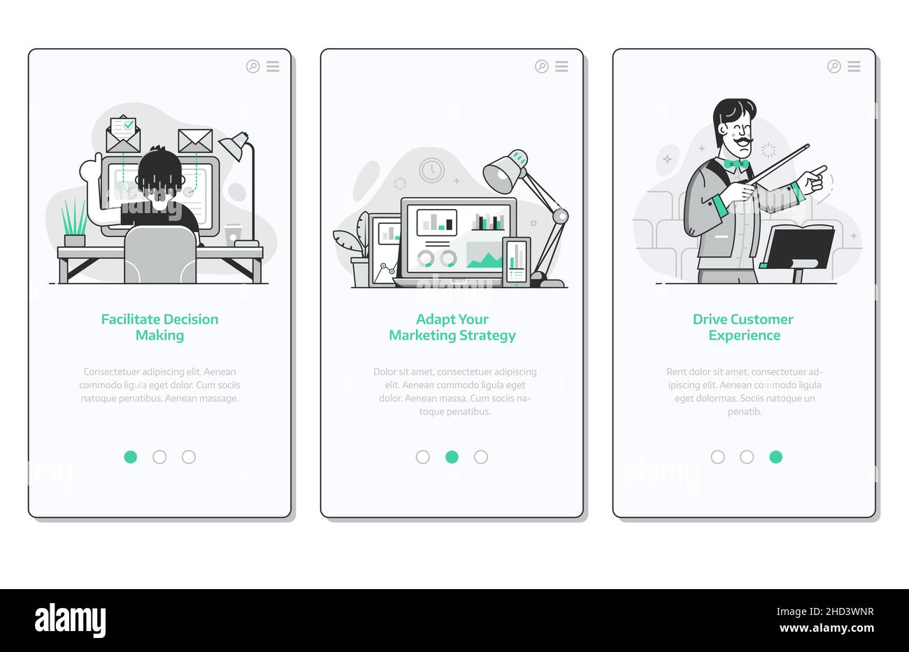 Strategie di marketing Onboarding schermate in Line Art Illustrazione Vettoriale