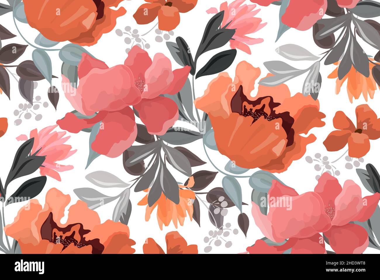 Motivo floreale vettoriale senza cuciture. Fiori rosa, rossi e arancioni, boccioli e foglie grigie su sfondo bianco. Illustrazione Vettoriale